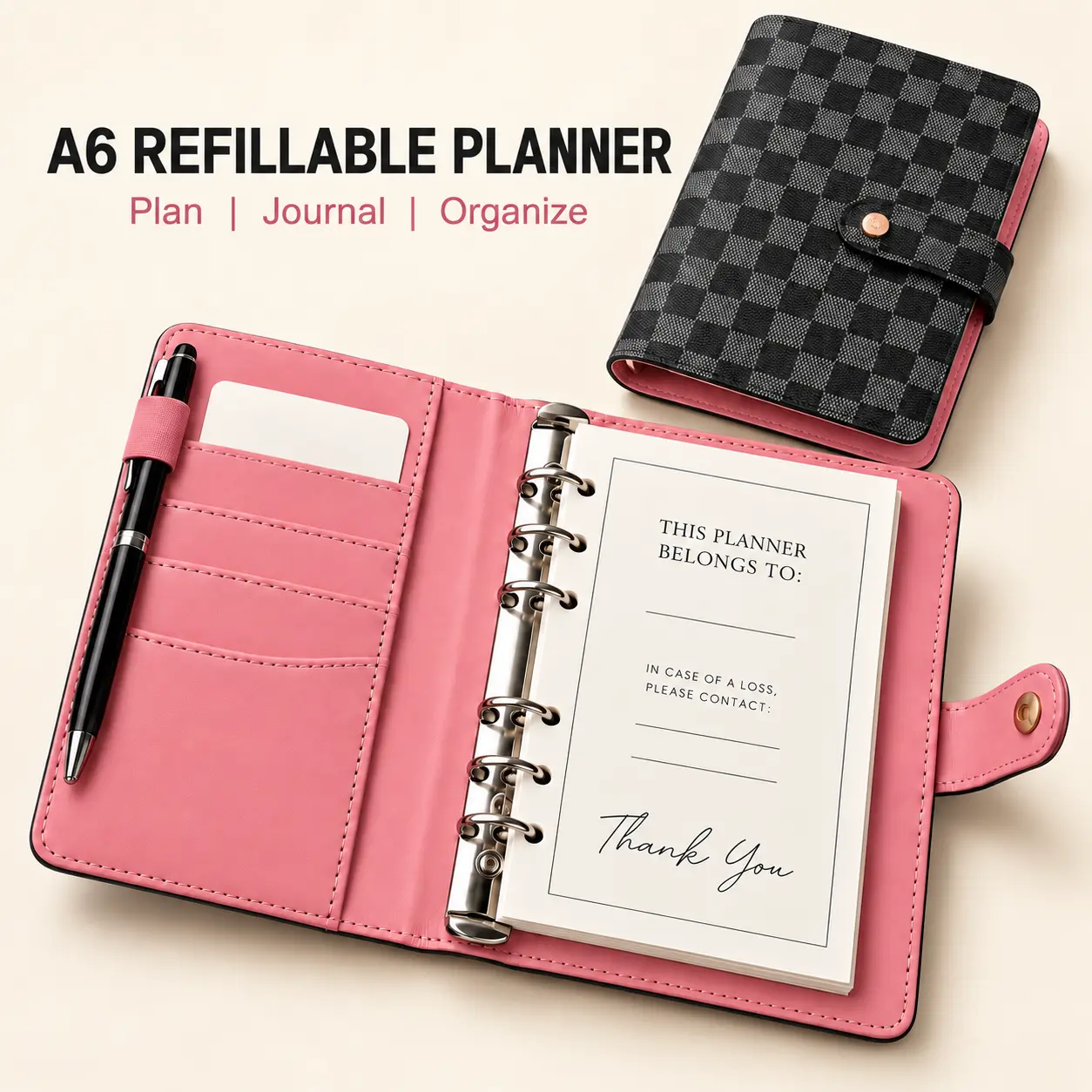 A6 6-Ring Refillable Planner Binder, Compact Budget Notebook Organizer with Card Slots, Pen Loop, Snap Closure and Storage Pockets for Daily Planning, Journaling, School, Office, Travel and Student Gifts