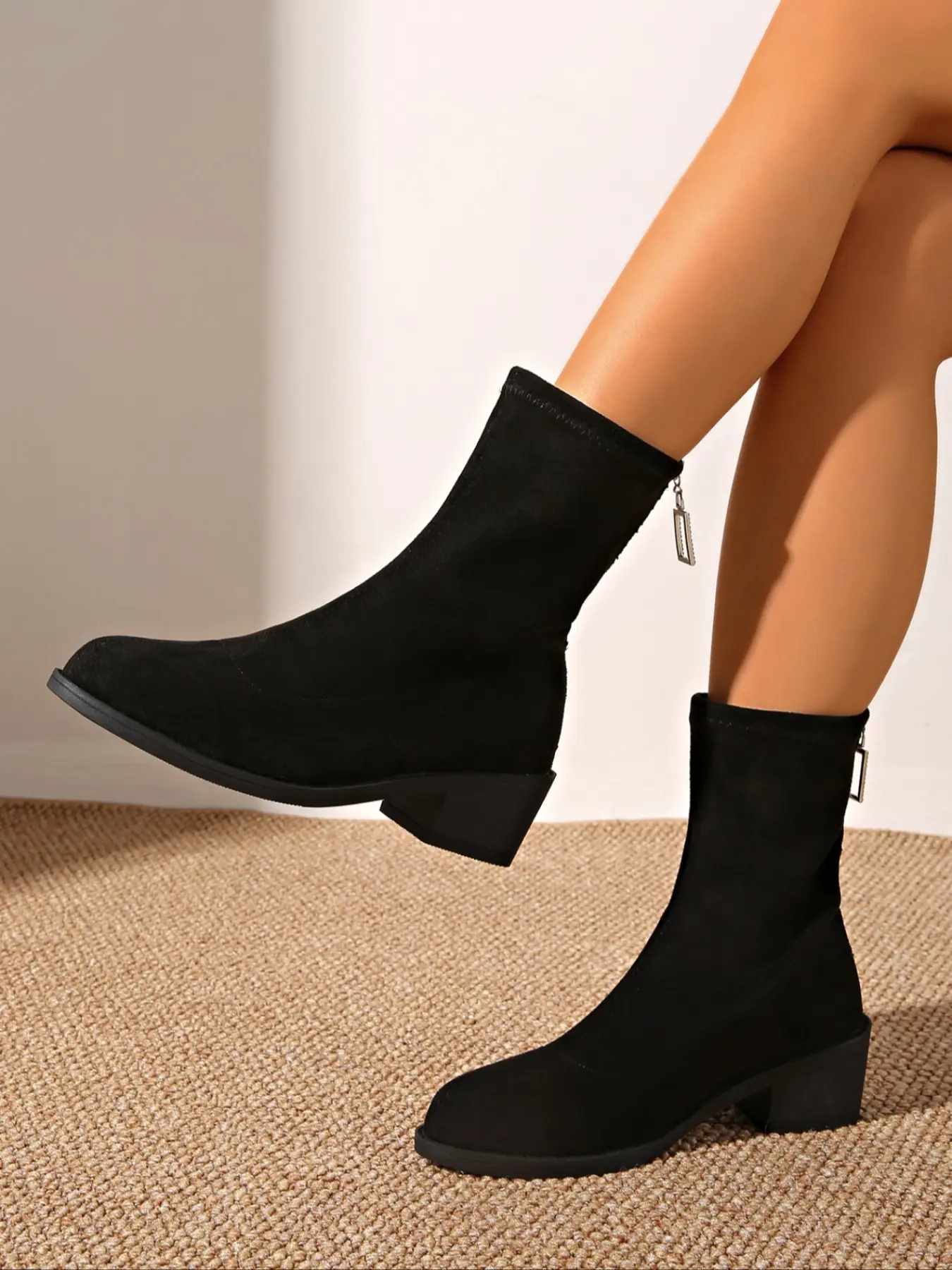 Women's Suede Short Boots, Chunky Heel Zipper Chelsea Boots, Fall & Winter Fashion Slim Fit Ankle Boots, Comfortable Casual Commuter Shoes, Mid Heel Boots, Black Footwear