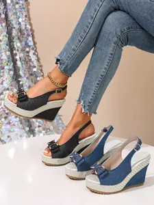 Vintage Style Denim Bow Wedge Shoes, Non-Slip Soft Sole, Versatile Beach Sandals, Denim Fabric Bow Straw Wedge Flip Flops for Women