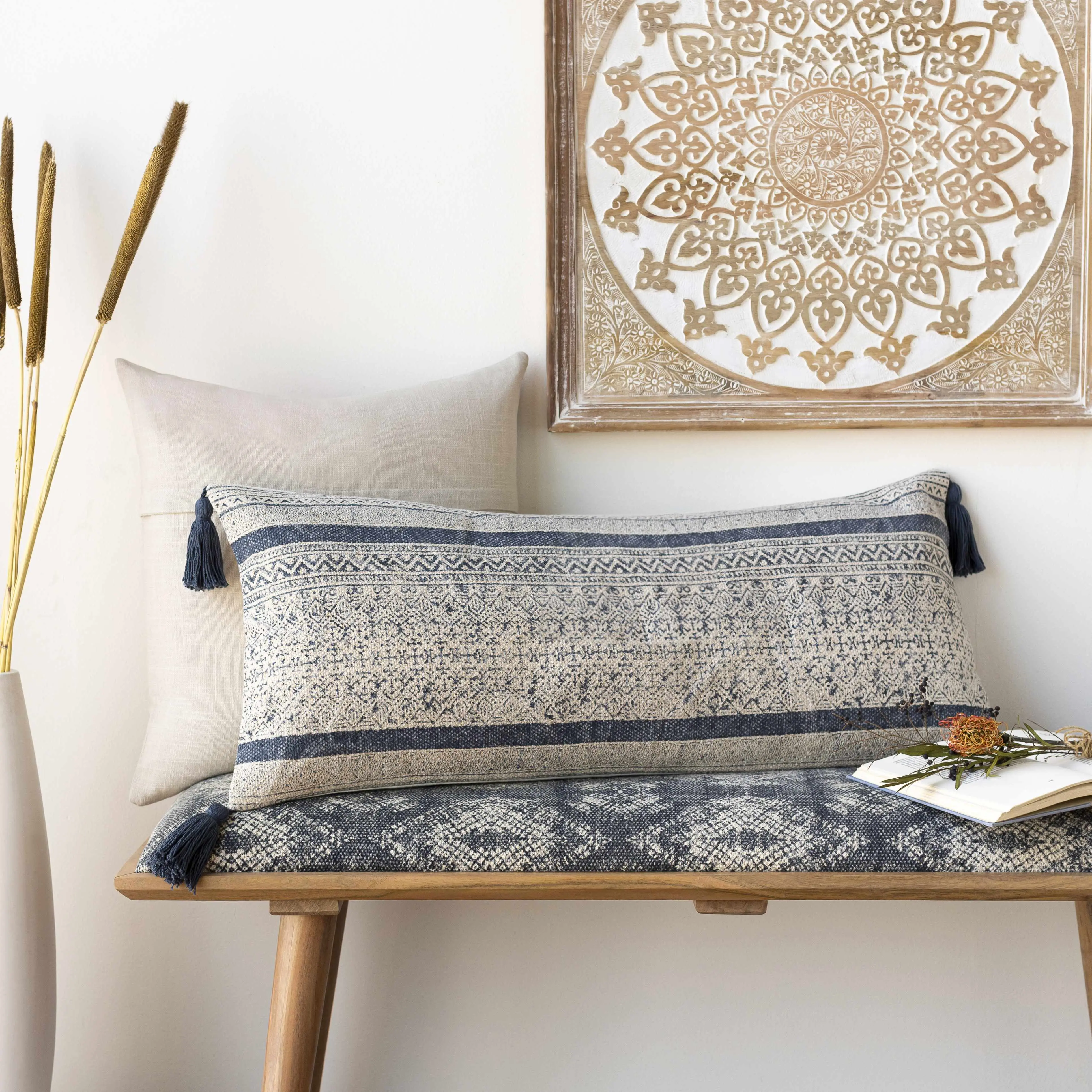 Linaon Navy Lumbar Pillow with Tassels, Geometric Design, Decorative Cushion for Home Textile Soft Furnishings, Tassels Added