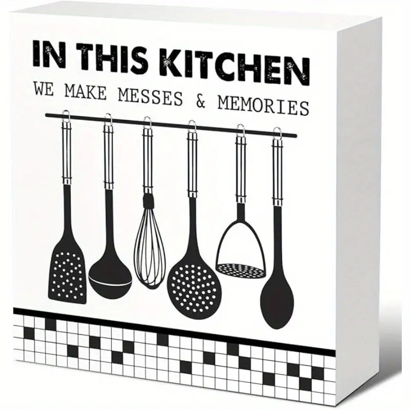 Funny Wood Block Sign - In This Kitchen We Make Messes & Memories Wooden Box for Home Shelf Tabletop Desk Decor, Humorous 5x5 inch