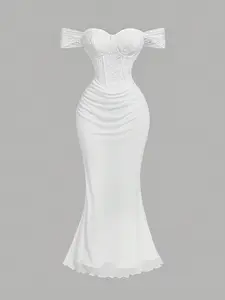 Women's White Off Shoulder Lace Maxi Dress, Elegant Fishtail Dress, Evening Party Dress, Wedding Guest Dress
