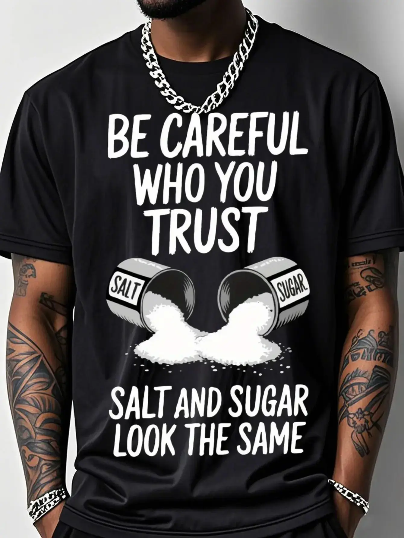 Women's Classic Oversized Short-Sleeve Crew Neck Tshirt, 200g Cotton Breathable Stretch Apparel, Salt Pattern Print, "Beware of Spoken Words from People You Trust" Design for Outdoor Fitness