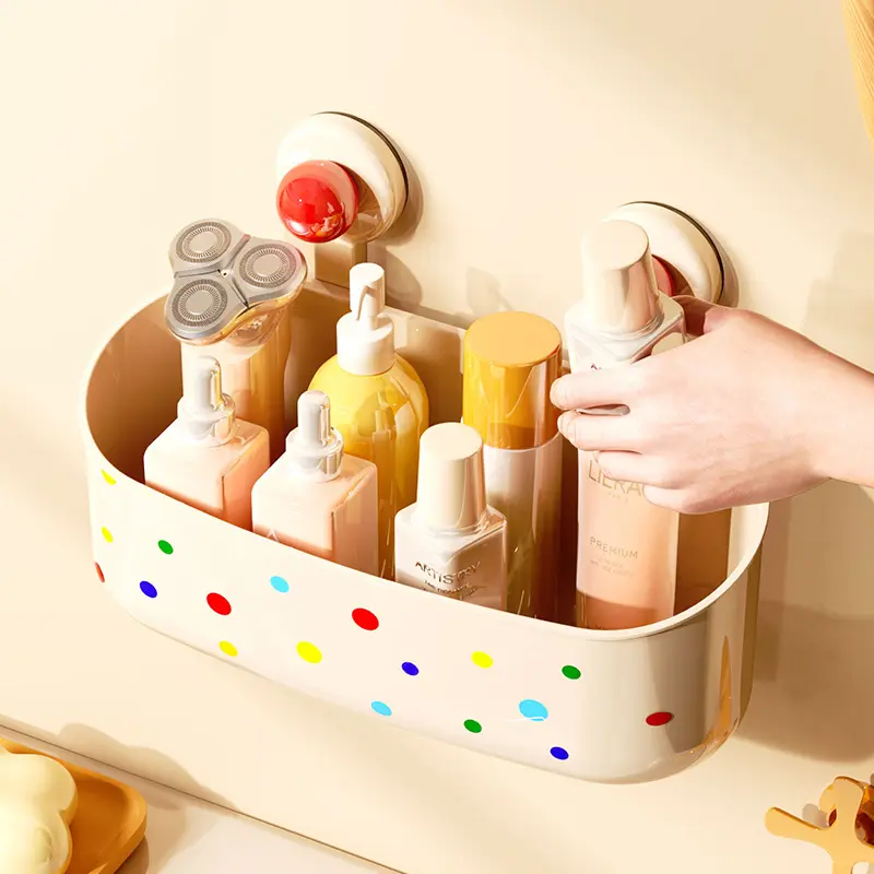 Cute Polka Dot Suction Cup Shower Caddy, No Drill Removable Wall Mount Bathroom Organizer, Waterproof Open Top Toiletry Storage for Bathtub, Dorm & Rental Bathroom Decor Aesthetic Bathroom、Room Makeover、Amazon Finds、Viral Bathroom Hack、Dorm Decor