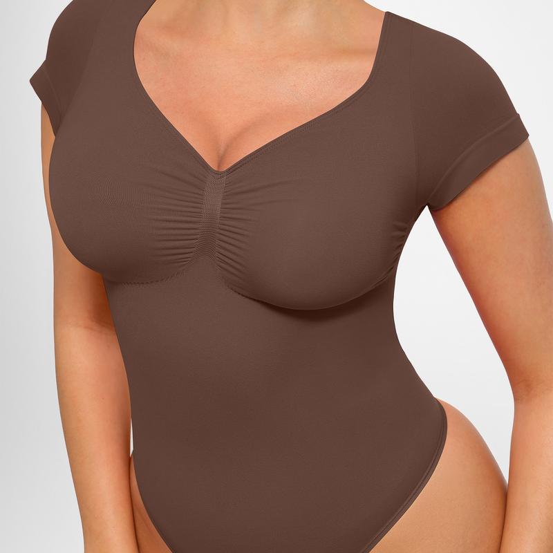 FeelinGirl Women's Short Sleeve Bodysuit for Tummy Control V Neck Seamless Body Suits Thong Going Out Tops TikTokShopBlackFriday Shapewear Womenswear Compression Elegant Fitted