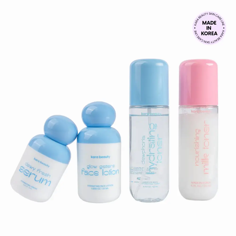 Kara Beauty Hydrating Skincare Collection - 4-Piece Routine with Dewy Fresh Serum, Glow Getters Face Lotion, Dewphoria Toner, Nourishing Milk Toner for Hydrated Skin - Hyaluronic Acid