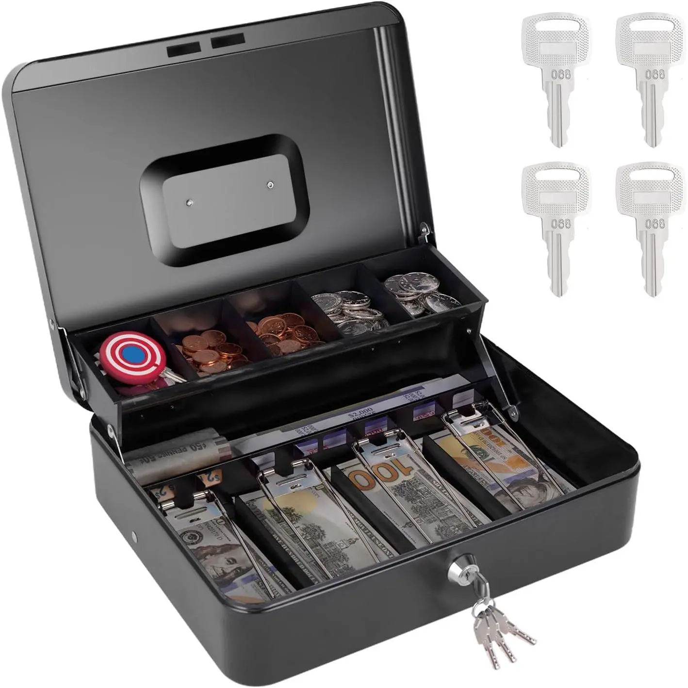 Box with  Tray and Key Lock, Large Metal Safe  Box for  Register, Locking  Saving Organizer Lock Box for  Storage with 4  11.8"x9.45"x3.54"