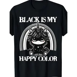 Men's & Women's Plus Size Goth Emo Unicorn T-Shirt - Black Is My Happy Color Gothic Girl Emo Style, Pure Cotton Short Sleeve Round Neck Casual Tee Suitable for Goth Subculture & Emo Fashion, PLUS SIZE