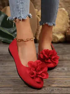 Women's Floral Slip-On Flats, Elegant Pointed Toe Shoes, Medium Width, Soft Rubber Sole, All Season Fashion Footwear