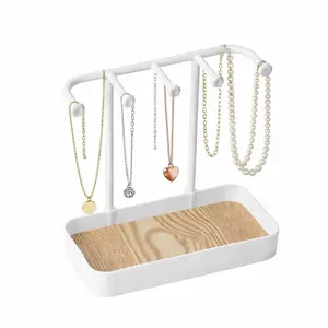 Hanging Necklace Organizer with White Frame and Wooden Base for Jewelry Storage