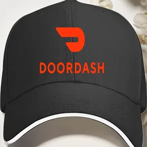 DOORDASH Men's Casual Baseball Cap with Sandwich-Style Brim - Black & Orange Logo Design, Breathable Six-Panel Hat for Casual Attire, Baseball Hats, Food Delivery Apparel, Contrast Color Design, Durable Headgear