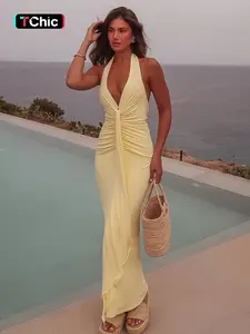 Elegant V-Neck Backless Dress, Pure Color Long Skirt Design, Perfect for Casual & Party Wear, Stylish Women's Clothing