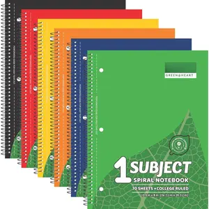 Subject Book Spiral Notebook Pack of 6 College Ruled 140 Pages (70 Sheets) 8" x 10.5" Perforated Carbon Neutral 3-Hole Punched  School & Office  Assorted Colors