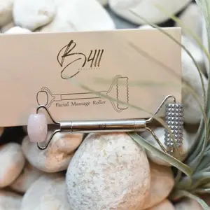 Stainless Steel Facial Roller Rose Quartz - Skincare Tool with Rose Quartz Handle and Silver Finish