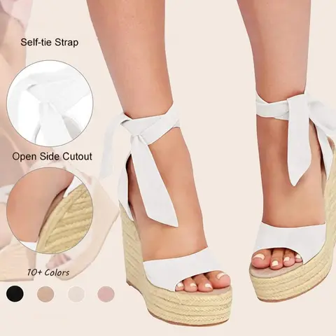 Imily Bela Womens Espadrilles Wedges Sandals Heels Open Toe Tie Lace Up Platform Ankle Strap Summer Dress Shoes