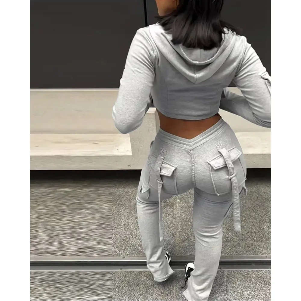 Women's 2-Piece Slim Hooded Casual Crop Jacket & Pants Set, Comfortable Fabric Clothes with Zipper, Sizes S-Xxl, Stretch Fabric