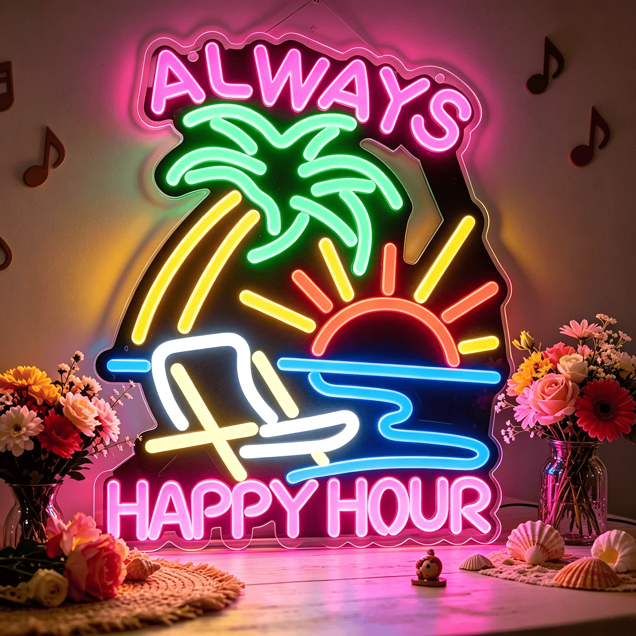 Always Happy Hour Multi-Color Tropical Palm Sunset Neon Sign - Dimmable USB-Powered LED Lights, Contemporary Indoor Use Decor for Home Bar, Beach Lovers’ Tiki Parties, Man Cave Gift Atmosphere Lamp