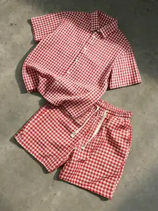 Summer Unisex Plaid Gingham Short Sleeve Button-Down Shirt & Elastic Waist Shorts Set, Loose Fit Breathable Comfort Casual Wear