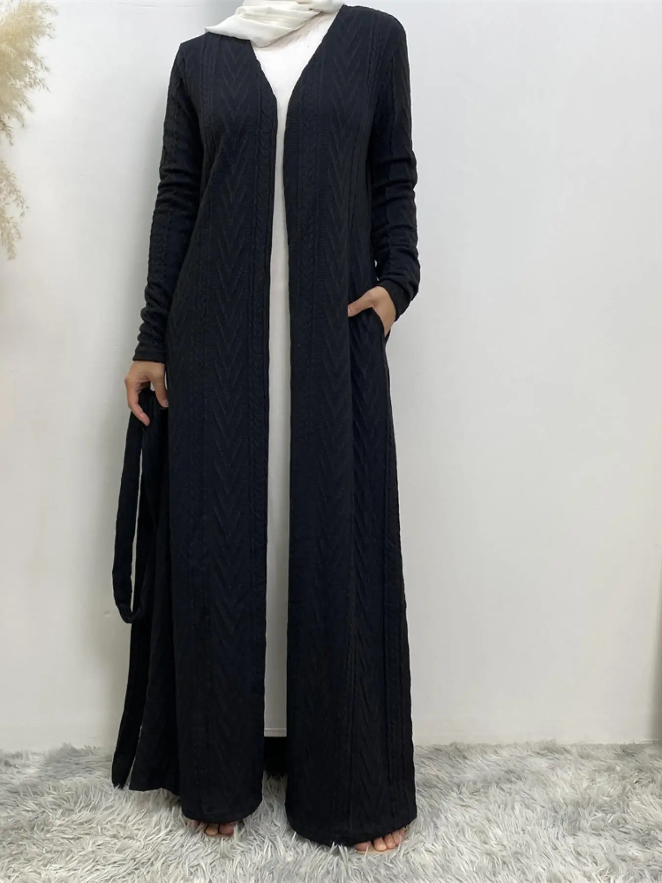 Women's Solid Long Sleeve Belted Abaya Without Hijab, Elegant Pocket Long Sleeve Open Front Outerwear, Fashion Muslim Clothing For Fall & Winter
