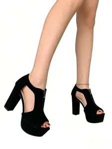 Velvet Chunky Heel Waterproof Platform Fish Mouth Sandals, Sexy Cut-Out Zipper High Heels, Height Boosting, Versatile for Commuting & Dates