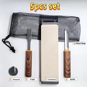 【March Faves】OesenX Professional 2-in-1 Camping Knife and Fork Set: Ultra-Sharp Stainless Steel Blade, Foldable Cutting Board & Mesh Bag Included, Compact Ergonomic Design for Outdoor Picnic, Hiking and Travel