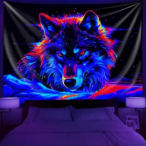 Black Light Reactive Wolf Anime Tapestry - Korean Manga-Style Wolf Face & Starry Night Neon Wall Decor, No Electricity Needed, Durable Indoors Art Piece for Dorm Rooms, Anime Themed Parties