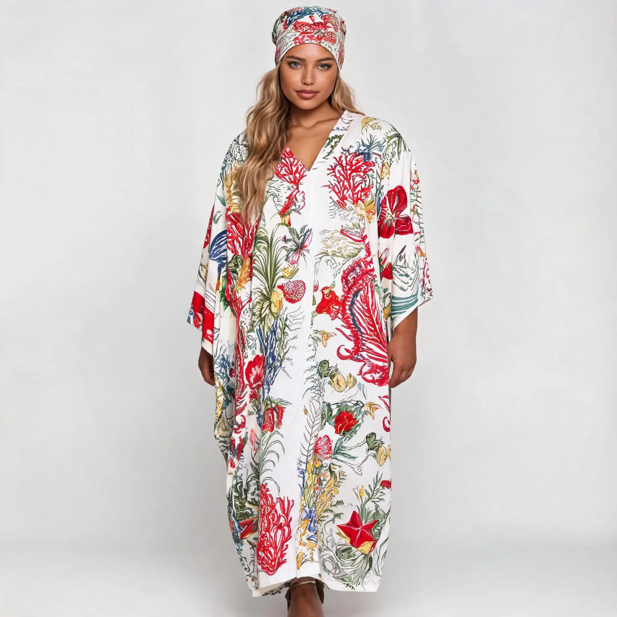 Women's Breathable Tropical Printed Pattern Satin Loose-Fit Kaftan Maxi Dress 2-Piece Set with Matching Headwrap, Casual Beach Vacation Outfit, Plus Size Friendly, All Seasons