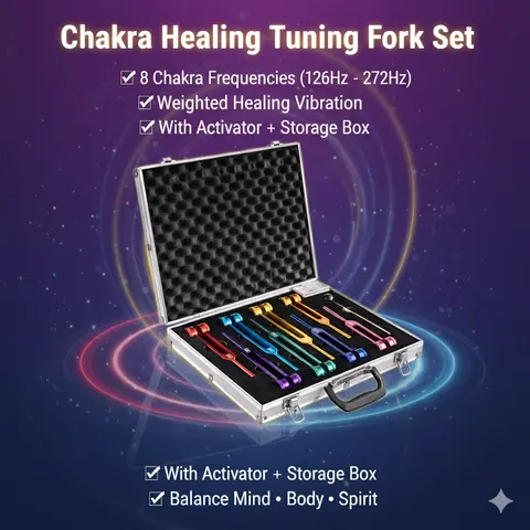 8-Piece Precision Weighted Metal Chakra Tuning Fork Set - Aluminum Alloy Box, Activator, Mallet, Cleaning Cloth, 3 Bases, Repair Tool, 126.22 Hz/141.27 Hz 8-Chakra Frequencies, Meditation/Energy Healing for Adults, Ideal Birthday Gift