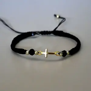 SM Charm Golden Cross Braided Black Bracelet with Black Beads