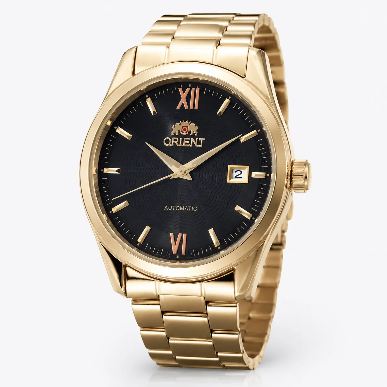 Orient Men Automatic Mechanical Watch, Wave Textured Dial, Roman Numerals, Date Window, Luminous Hands, Stainless Steel Bracelet, Gold & Silver Case Options, Classic Business Dress Wristwatch, Elegant Casual Mens Watch