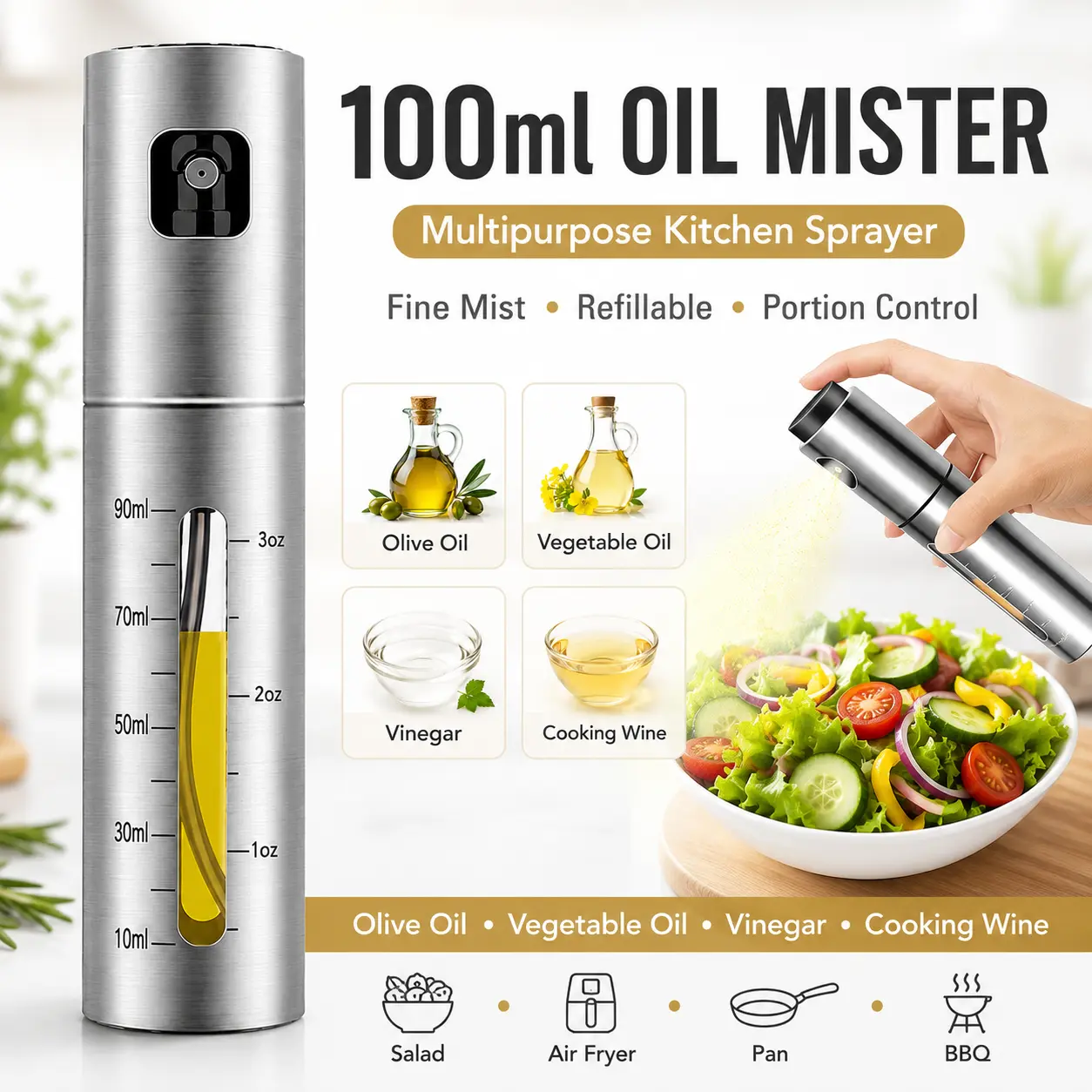 100ml Stainless Steel Cylindrical Modern Oil Sprayer Dispenser - Refillable Olive Oil Mister with Fine Mist Pump for Air Fryer, Salad, Pans (Single Unit Kitchen Utensil), Utensils, Dispensers