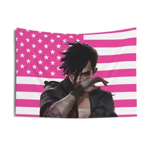 Vi (Arcane) wipes the blood Tapestries, Violet Arcane Pink Flag, Vi (Arcane) Indoor Wall Tapestries