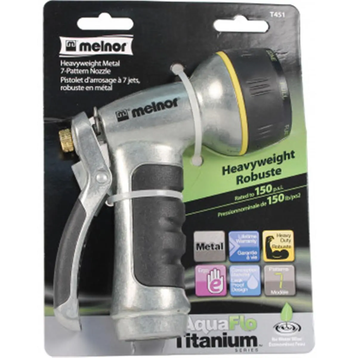 Melnor XT451-T451 Aquaflo Titanium Heavyweight Metal Hose Attachment Nozzle, 4.5 in., 7-Pattern, 1.25 lbs, Slip-Resistant Rubberized Grip, Flow Rate Adjustable Watering Tool & Spray Gun