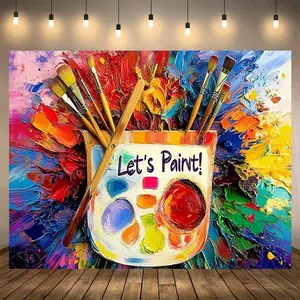 1PC,2D Flat Art Painting Theme Backdrop, Colorful Paintbrushes & Palette Decorative Curtain, Photo Background for Birthday Party & Art Events, Creative Studio Wall Hanging Decoration for Festive &