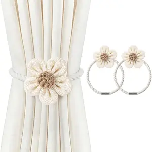 2pcs Magnetic Curtain Tiebacks with Fabric Flower Pendants, Elegant Curtain Holders for Windows, Perfect for Home Decor