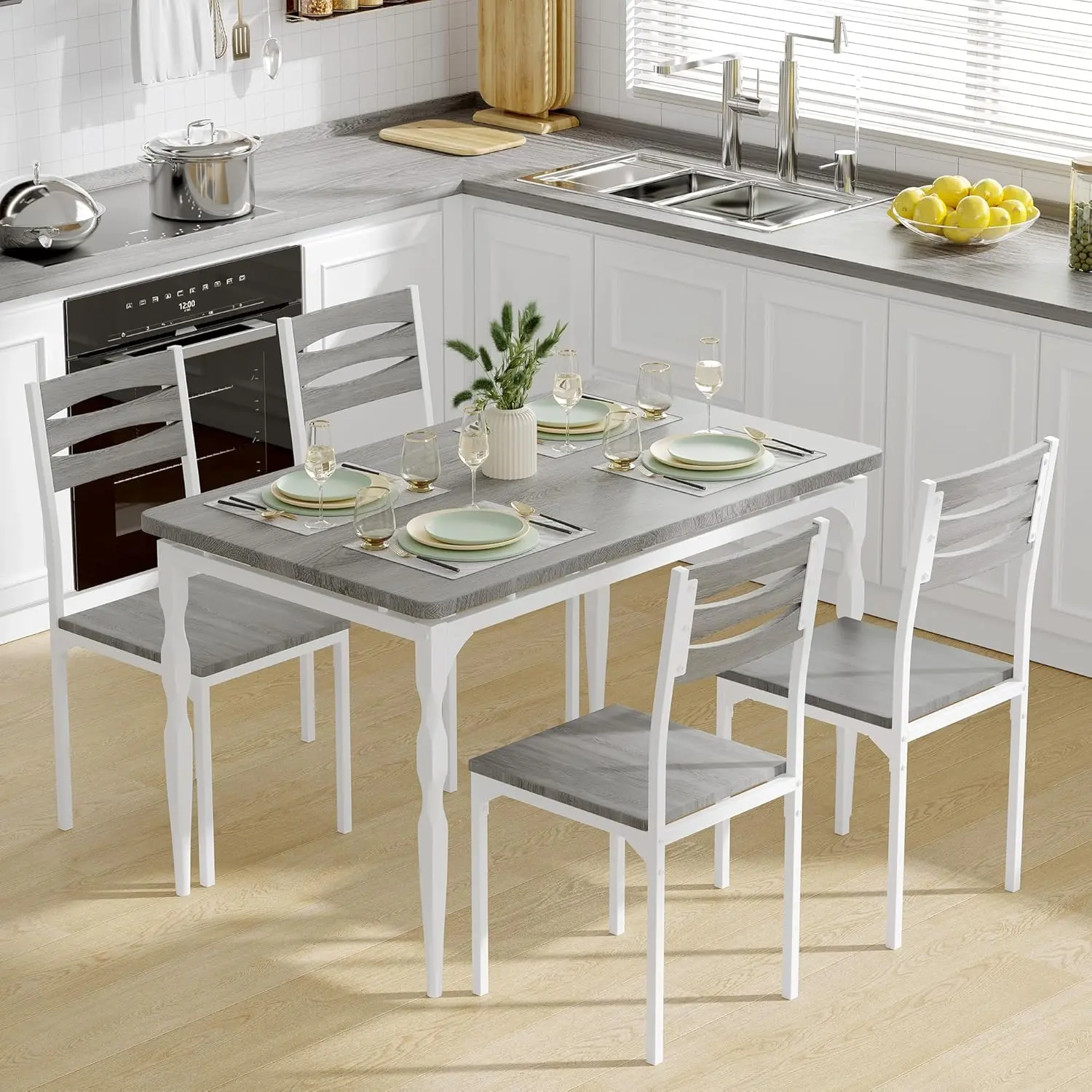 Garvee 5 Piece Dining Table and Chairs Set, Space-Saving Rectangular Kitchen Table with 4 Chairs, Metal Frame, Soft Cushions, Perfect for Dining Room Kitchen Apartment, Grey