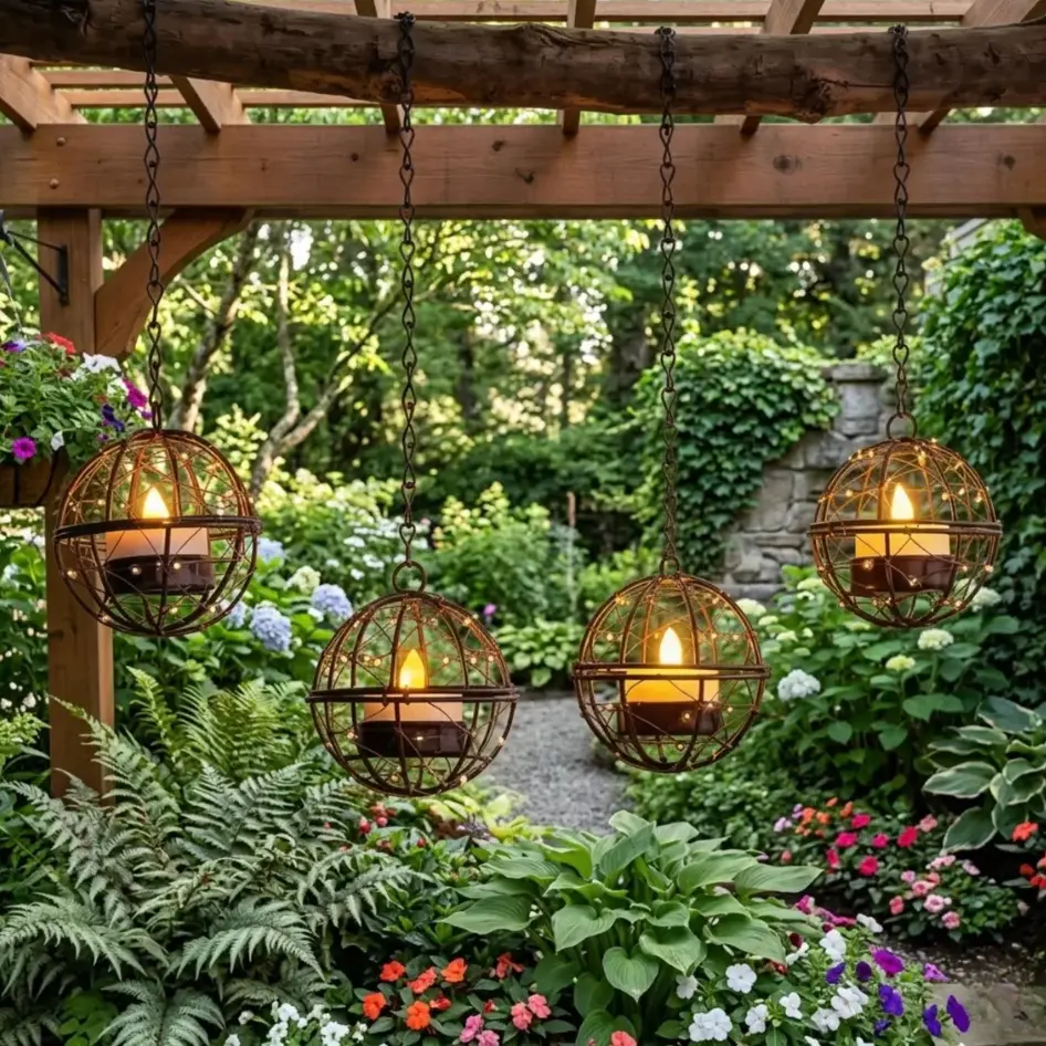 4pk Wire Mesh Solar Hanging Lanterns - Waterproof, Water Resistant Outdoor Landscape Lights, Globe Pendant for Garden, Patio Decor