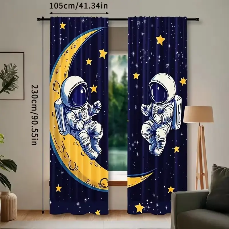 2-piece Astronaut Starry Sky Curtains, Semi-transparent Polyester Fabric, Rod Pocket Design, Easy Install Curtain, Suitable for Home Decor, Preferred Choice for Children's Aviation Enthusiasts