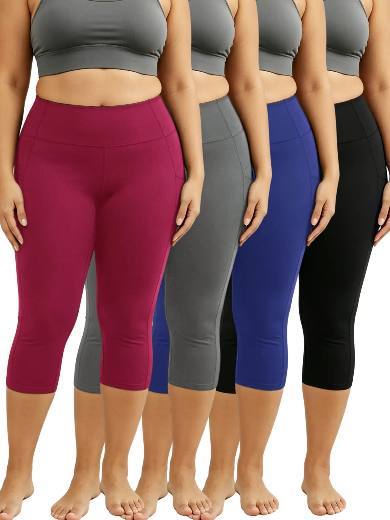 Women's Capri Pants - High Waisted Colored Cropped Pants (Black, Grey, Red, Blue), Tummy Control Firm Fit, Breathable Non-See-Through For Cycling, Hike, Work