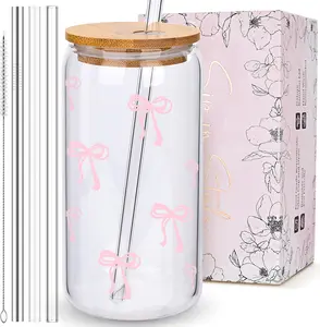 Coquette Cute Pink Bow Glass Cups with Lids and Straws, Aesthetic Iced Coffee Matcha Cup, Girly Preppy Design Tumbler Mug, Valentines Christmas Birthday Gifts for Women, Teen Girl Gifts Trendy Stuff