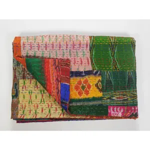 70" X 50" Blue and Green Kantha Silk Patchwork Throw Blanket with Embroidery