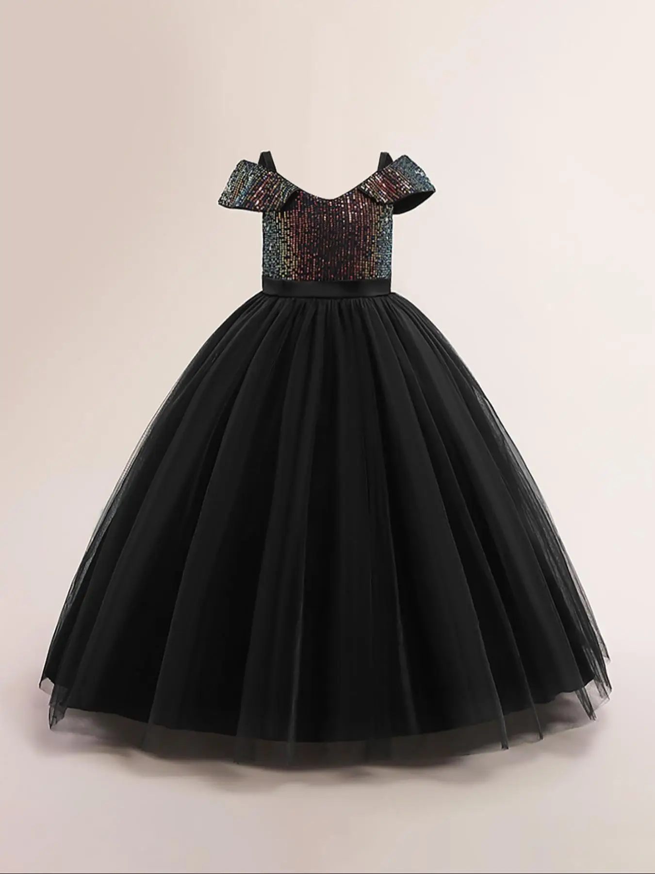 Girl's Contrast Sequin Cold Shoulder Tulle Dress, Elegant Zipper Back Fit & Flare Dress for Party, Kids Clothes for All Seasons