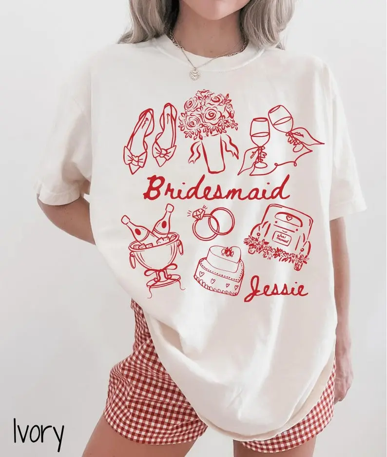 (DM or Note) Custom Name Comfort Colors Bridesmaid T-Shirt, Cute Bridesmaid Shirt, Bridal Party Tee, Gift for Bridesmaids, Bachelorette Outfit, Wedding Top