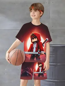 Boys' Game Battle Set Gradient Minecraft Dual Knife Assassin Pixel Print Short Sleeve Shorts Summer Thin Trendy Clothes