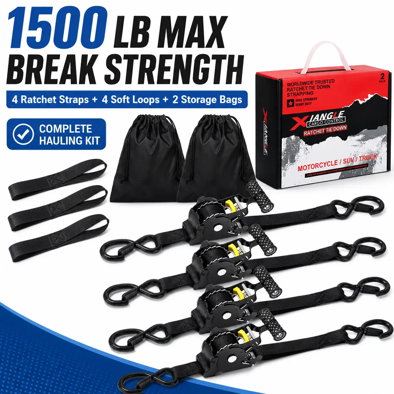 1" x 10 FT Heavy Duty Tie Down Straps with Soft Loops & Storage Bags, Retractable Ratchet Strap 1/2/4 Pack, Auto Retractable Cargo Straps for Truck, Motorcycle, ATV & Trailer
