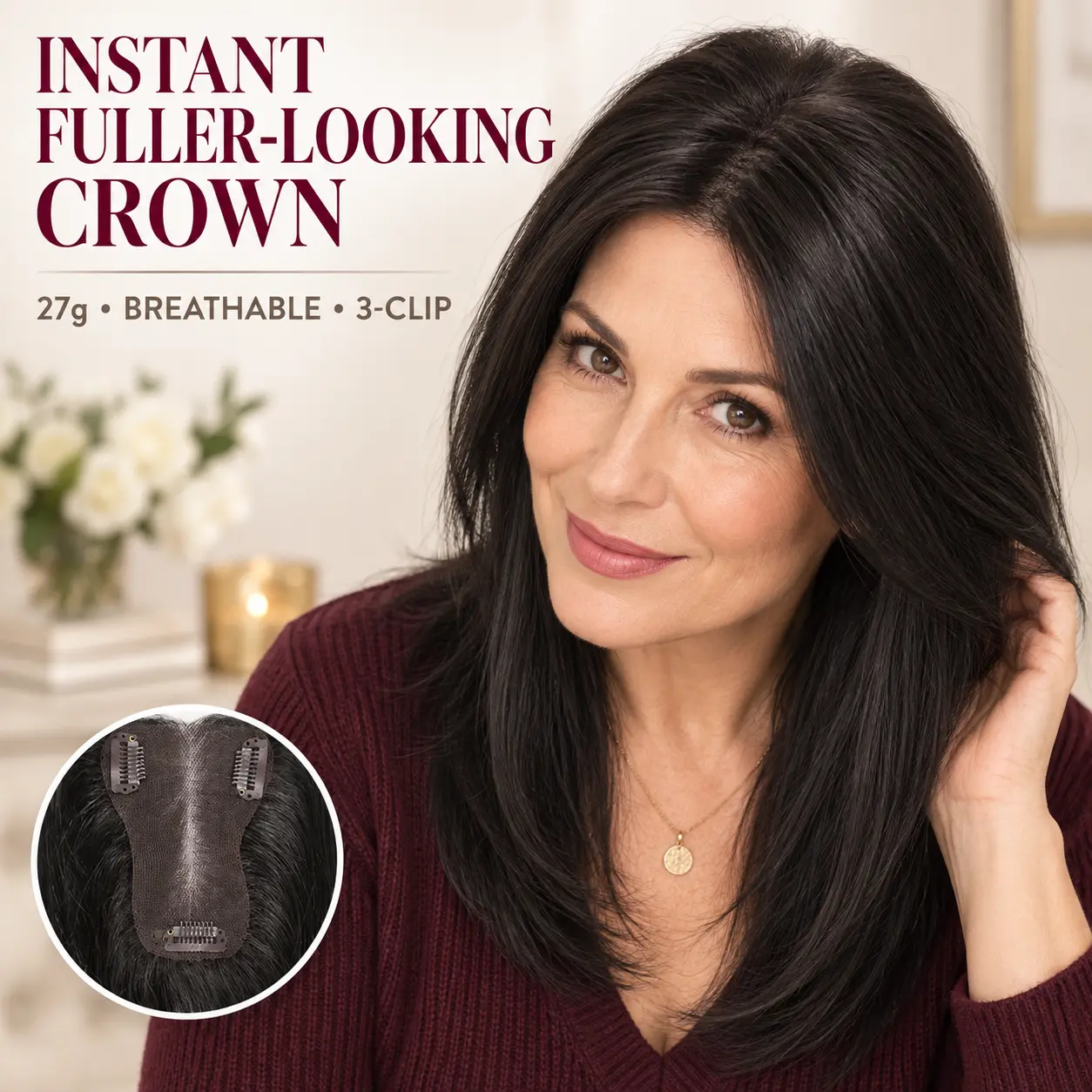 27g Lightweight Add Volume Crown Coverage Synthetic Hair Topper, 14-Inch Straight Partial Hairpiece with 3 Clips topper for women with thinning hair, 7.5 × 11 cm Hand-Tied Breathable Base for Casual-Classy Daily Wear, Glueless For Gray Root Coverage