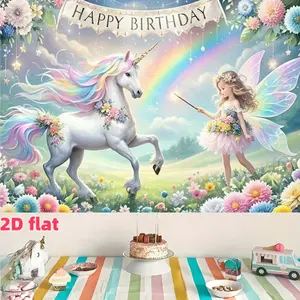 Unicorn and fairy birthday banner, polyester fabric, suitable for living room, bedroom, office, birthday, anniversary and home décor, outdoor and indoor parties, photography backdrop, birthday party supplies, room decoration