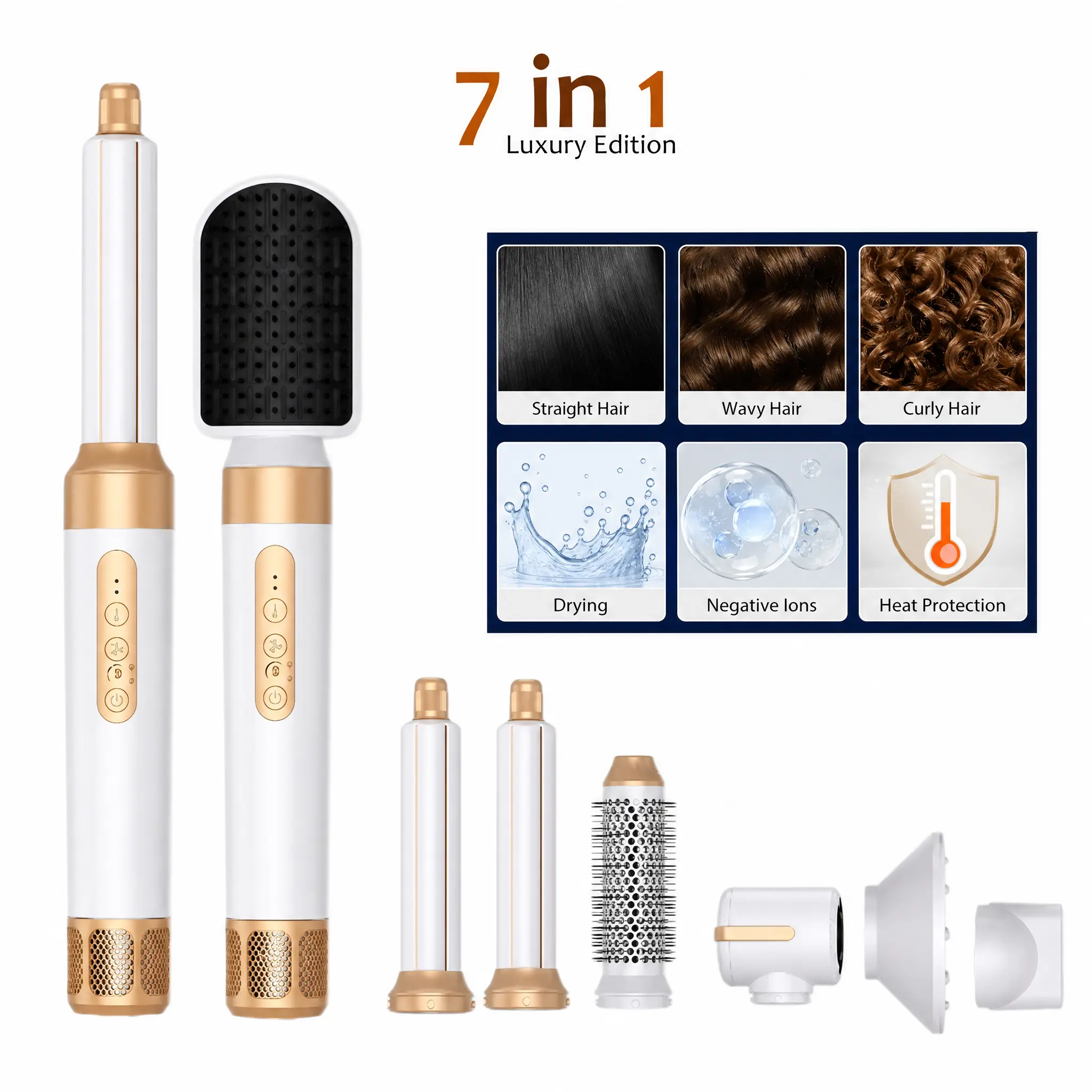 Luxury 7-in-1 Negative Ion Hair Styling Tool with 7 Attachments - Adjustable Temp Blow Dryer Combo, Built-in Brush for Blowout Hair, Curly Hairstyles Curlers & Straighteners, Curl Routine
