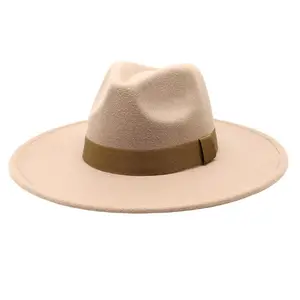 Adults Panama Hat with Ribbon Band Fashionable Wide Brim Felt Fedora Caps for Daily Life and Party