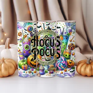 Hocus Pocus Enchanted Brooms Tumbler – 20oz Halloween Cup | Witches, Spooky Sweets & Pumpkins | Magical Salem Design | Cute Fall Drinkware | Handmade Gift